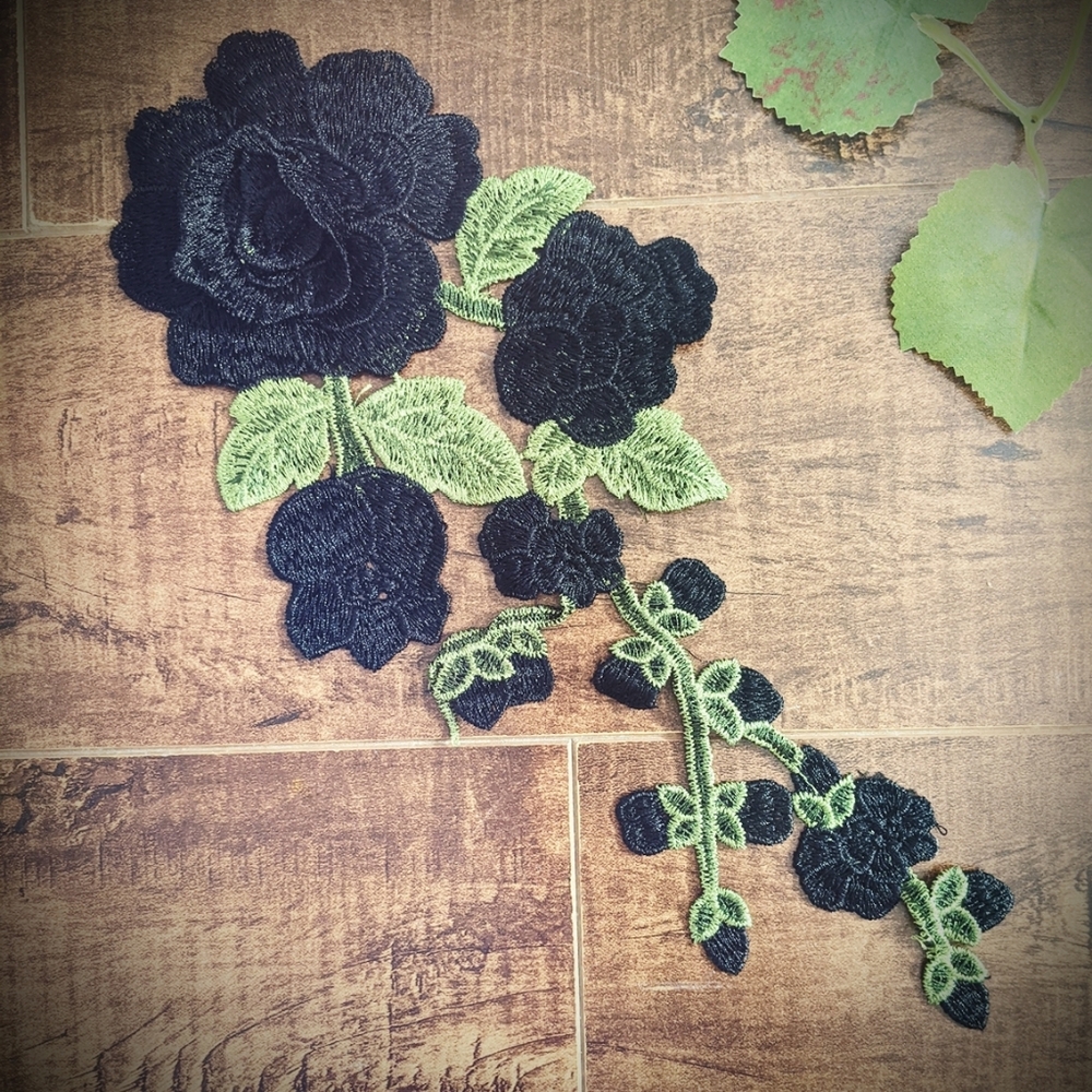 3D embroidered lace applique black rose